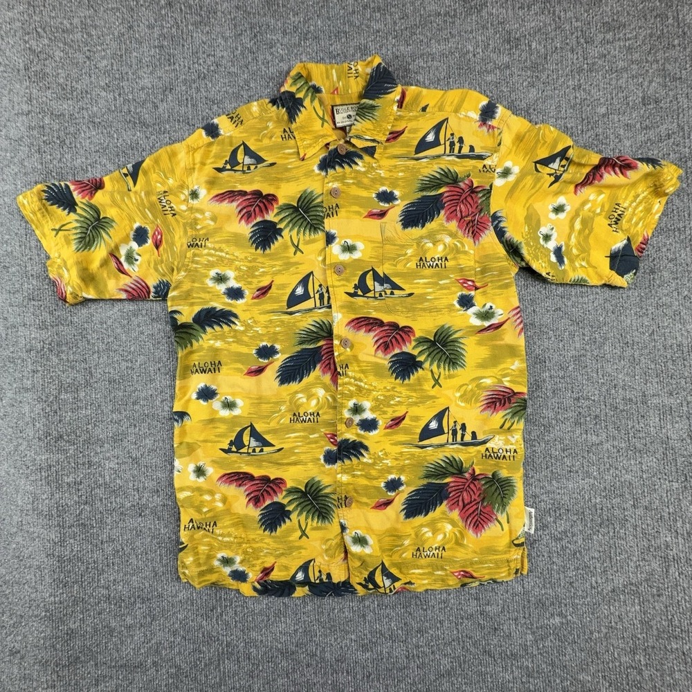 Bugle Boy Authentics Shirt Mens Large Yellow Hawaiian Aloha Floral Rayon Casual